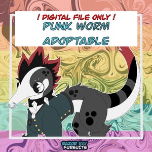 May include: Digital art of a punk worm character. The worm is primarily gray and white with black spots, a red and black mohawk, and a dark green jacket. Text on the image reads "! DIGITAL FILE ONLY ! PUNK WORM ADOPTABLE."