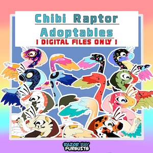 Pode incluir: Uma ilustração digital apresentando vários personagens raptor chibi coloridos com asas emplumadas e padrões distintos. O texto no topo diz Chibi Raptor Adoptables ! DIGITAL FILES ONLY ! e o texto na parte inferior RAZOR RAY FURSUITS.