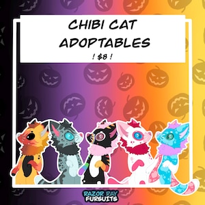 May include: A promotional image for Chibi Cat Adoptables. The image features five cartoon cat characters with various color schemes, set against a gradient background of purple, orange, and yellow with Halloween-themed jack-o'-lanterns.