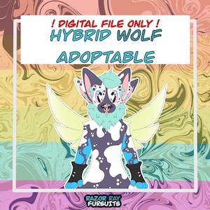 Puede incluir: Ilustración digital de un personaje de lobo híbrido con un esquema de color blanco, azul y negro. El lobo tiene orejas grandes, alas y una melena turquesa. El texto en la imagen dice "! DIGITAL FILE ONLY! HYBRID WOLF ADOPTABLE". El logotipo de Razor Ray Fursuits está en la parte inferior.