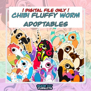 Op de afbeelding: Een verzameling kleurrijke Chibi Fluffy Worm adoptables. Elke worm heeft een uniek ontwerp met verschillende patronen en kleuren, waaronder oranje, blauw, roze en zwart. Tekst: "! DIGITAL FILE ONLY! CHIBI FLUFFY WORM ADOPTABLES".