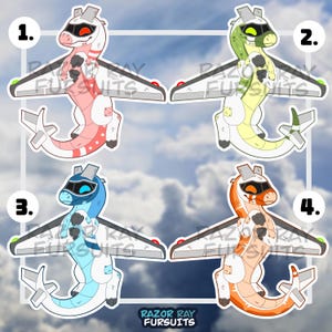 May include: Four digital illustrations of anthropomorphic dragon-like creatures with airplane wings and tails, labeled 1 through 4. Each character features a visor, mechanical details, and distinct color schemes of pink, green, blue, and orange. Text reads RAZOR RAY FURSUITS.