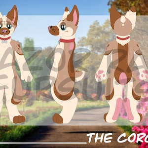 May include: A digital illustration of a corgi-like character in three views: front, side, and back. The character has a cream-colored body with brown markings, a red collar, and a pink inner ear. The text "THE CORGI" is at the bottom.