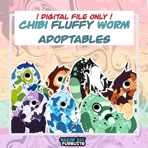 May include: A digital file featuring a collection of colorful chibi fluffy worm adoptables. The worms have various patterns and colors, including blue, green, brown, and purple. Text on the image reads "! DIGITAL FILE ONLY! CHIBI FLUFFY WORM ADOPTABLES."