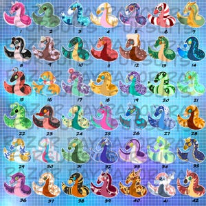 May include: A collection of 42 cartoon snake illustrations, each with a distinct design and colour scheme. The snakes are displayed on a blue grid background, with each snake featuring unique patterns and details.