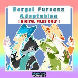May include: Digital illustration of three anthropomorphic Sergal characters with distinct colour patterns in blue, black, and green. The text reads Sergal Fursona Adoptables ! DIGITAL FILES ONLY ! and Razor Ray Fursuits at the bottom of the image.