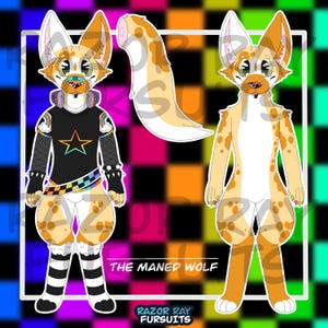 May include: Illustration of a maned wolf fursuit design. The design features a tan and white color scheme with orange spots. One version is fully dressed in a black shirt with a star graphic, and the other is a full body design. The text "THE MANED WOLF" is displayed.