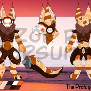 May include: A digital character reference sheet featuring a Protogen with brown, orange, and cream fur patterns. The illustration displays front and back views, a side head profile, and a mechanical tail. A color palette is included at the bottom.