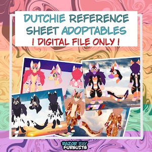 May include: A digital reference sheet for Dutch Angel Dragon characters featuring multiple anthropomorphic creature designs with various color patterns, fur textures, and tail shapes. The text reads DUTCHIE REFERENCE SHEET ADOPTABLES ! DIGITAL FILE ONLY ! and RAZOR RAY FURSUITS.