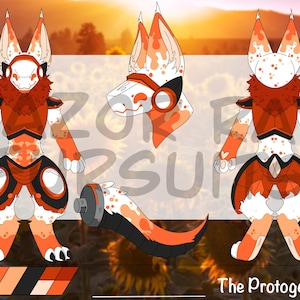 May include: A digital character reference sheet featuring a white and orange spotted creature with black armor plating, a robotic visor, and a mechanical tail. The illustration displays front, side, and back views, along with a color palette swatch.