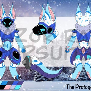 May include: A digital character reference sheet for a Protogen creature featuring a blue, white, and black color palette. The illustration displays front and back full-body views, a side head profile, and a detached tail. Text reads The Protogen.