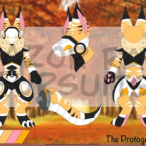 May include: A digital character reference sheet for a Protogen creature featuring a tan, black, and white color scheme. The illustration displays front and back full-body views, a side head profile, a tail, and a color palette. Text reads The Protogen.