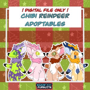 May include: Digital art featuring four chibi reindeer characters with unique color schemes: purple and green, pink, brown, and yellow and blue. The text reads "! DIGITAL FILE ONLY ! CHIBI REINDEER ADOPTABLES". The background is a festive plaid pattern.
