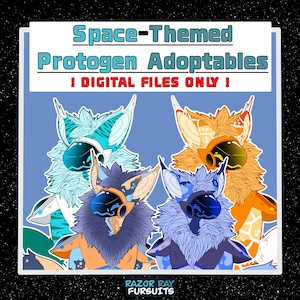 Może przedstawiać: Cztery cyfrowe ilustracje postaci Protogen o tematyce kosmicznej z robotycznymi wizjerami i futrem. Tekst głosi: Space-Themed Protogen Adoptables ! DIGITAL FILES ONLY ! oraz Razor Ray Fursuits. Postacie mają odcienie niebieskiego, pomarańczowego i fioletowego.