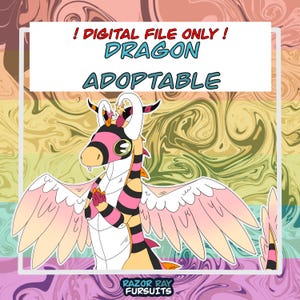 May include: A digital illustration of a cartoon dragon with pink and black stripes, white wings, and a cream-colored body. The text "! DIGITAL FILE ONLY! DRAGON ADOPTABLE" is displayed above the dragon. The artist's name, "RAZOR RAY FURSUITS," is at the bottom.