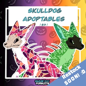 May include: Digital illustration of two stylized creatures labeled SKULLDOG ADOPTABLES. One has a bone-colored skull mask and pink, orange, and purple mosaic fur. The other has a black skull mask and green camouflage fur. Text includes RAZOR RAY FURSUITS.