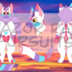 May include: Digital artwork of a Dutch Angel Dragon character design. The character is white with pink, blue, and purple accents. It features a heart-shaped chest design and a fluffy neck. The tail is striped with matching colors. The text "The Dutch Angel Dragon" is at the bottom.