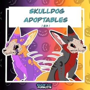 May include: Illustration of two SkullDog adoptables. One is purple and orange, the other is gray and red. The text reads "SKULLDOG ADOPTABLES" and "RAZOR RAY FURSUITS". The background is a gradient of purple, orange, and yellow with pumpkin silhouettes.