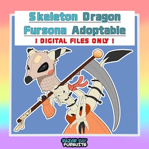 Peut inclure: Une illustration numérique d'un personnage dragon squelette tenant une faux. Le texte indique Skeleton Dragon Fursona Adoptable ! DIGITAL FILES ONLY ! et Razor Ray Fursuits. Le personnage a une tête couleur os, des yeux sombres et des accents orange.