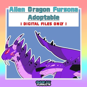 May include: A digital illustration of a purple alien dragon creature with multiple eyes, horns, and spikes. The text reads Alien Dragon Fursona Adoptable ! DIGITAL FILES ONLY ! and the logo Razor Ray Fursuits is at the bottom.