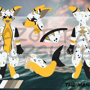 Puede incluir: Ilustración digital de un diseño de personaje, con una combinación de colores amarillo, negro y blanco. El personaje tiene orejas grandes, una cola larga y un patrón de lunares. El texto "THE MANOKIT" está en la parte inferior.