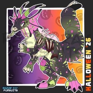 May include: A digital illustration of a creature with dark green skin, pink and lime green accents, and multiple eyes on its head fins. The creature has a long, segmented tail, sharp claws, and exposed rib details. Text reads RAZOR RAY FURSUITS and HALLOWEEN '26.