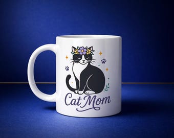 Cat Mom Ceramic Mug (11 oz) | Cute Cat Lover Coffee Mug with Cat Design | Gift for Cat Mom, Cat Owner or Cat Lover