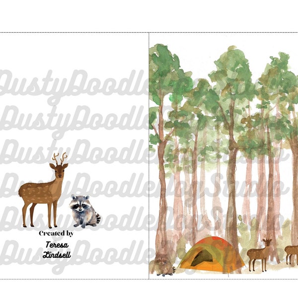 Watercolor stye camping card  deer raccoons forest