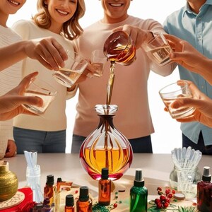 May include: A group of people pouring liquid from a glass decanter into glasses. The decanter is clear glass with a round body and a long neck. The liquid is a light amber color. The people are smiling and appear to be enjoying themselves. There are several small bottles of essential oils on a table in the foreground.