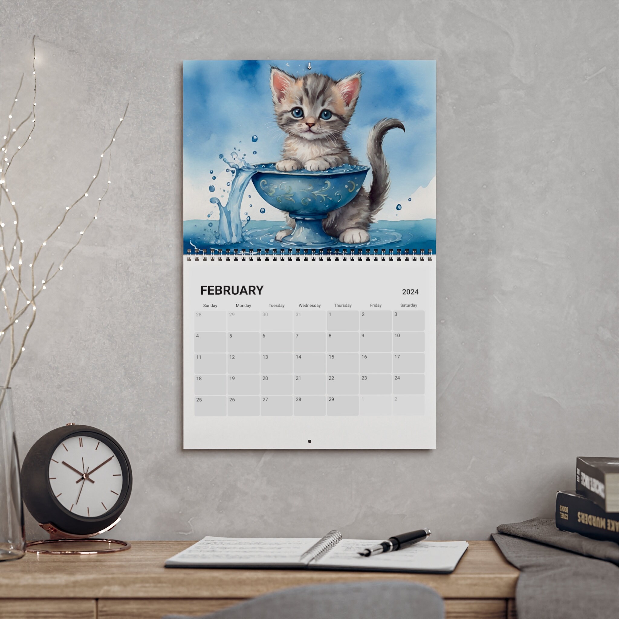 2024 Cat Wall Calendar, Cat Calendar With Zodiac Signs, Watercolor Cat