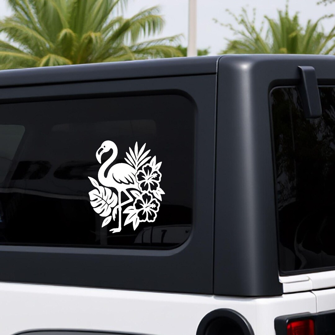 Flamingo Car Decal With Hibiscus Flowers and Tropical Leaves | Pink ...