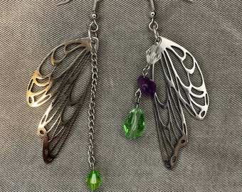 Fairy Wing Earrings, Fairycore jewelry, Asymmetrical Beaded Dangle Earrings, Charm Earings
