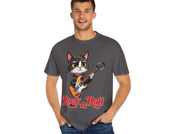 T-shirt teint en pièce unisexe, Rockout Kitty Cat Gitar Çalan Gömlek, Rocker Gömlek, Komik Gitar Kedi Tişörtü, Kedi Severler ve Rock Severler