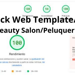 Puede incluir: Una captura de pantalla de una plantilla de sitio web para un salón de belleza o peluquería. La plantilla está calificada con un 100% en rendimiento, un 94% en accesibilidad, un 100% en mejores prácticas y un 100% en SEO. El sitio web presenta una foto de una mujer que se está maquillando por una maquilladora. El texto en el sitio web dice "We are Passionate Beauticians and Makeup Artists Based in New York."