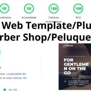 Puede incluir: Una plantilla de sitio web y complementos para una barbería o peluquería. El diseño del sitio web presenta un esquema de color verde y blanco con una foto de un barbero cortando el cabello de un cliente. El texto en el sitio web dice "Para caballeros en movimiento".