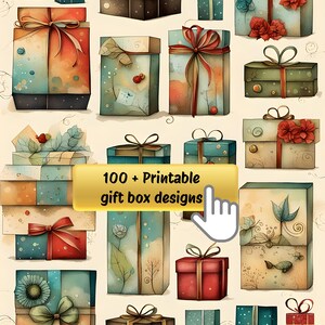 Könnte beinhalten: Eine Sammlung von über 100 druckbaren Geschenkbox-Designs mit verschiedenen Farben, Mustern und Stilen. Die Designs umfassen florale, geometrische und abstrakte Muster sowie unifarbene Farben. Die Boxen sind perfekt für jeden Anlass.
