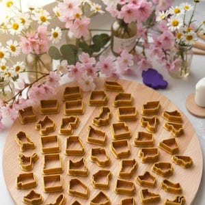 May include: A wooden cutting board displays numerous cookie cutters shaped like U.S. states. The cutters are a warm, golden-brown color. The board is surrounded by small glass jars filled with pink and white flowers.