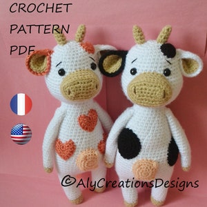 Crochet cow PATTERN amigurumi pdf tutorial - Betsy the cow (English/French) + Bonus Valentine's Day version