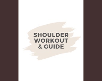 Può includere: Uno sfondo bianco con un design a pennellate color marrone chiaro. Il testo "SHOULDER WORKOUT & GUIDE" è scritto in grigio scuro.