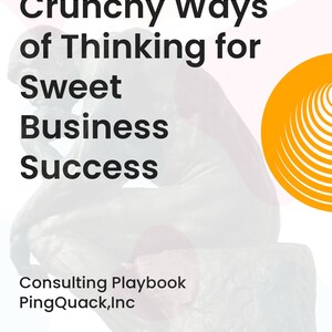 Op de afbeelding: Een witte en grijze illustratie van een persoon die nadenkt met de tekst "Crunchy Ways of Thinking for Sweet Business Success" en "Consulting Playbook PingQuack,Inc". De afbeelding heeft drie kleurrijke cirkels met een draaiende patroon op de achtergrond.