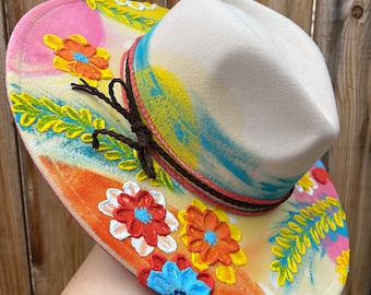 Tropical Dreams Wide Brim Fedora Hat | Hand Painted Hat | Floral Hat | Textured Painted Hat | Unique Custom Hat | Felt Fedora Hat