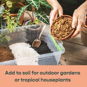 May include: A clear plastic container with three layers of soil, a white layer, and a brown layer. A hand is pouring brown coconut coir into the container. The text "Add to soil for outdoor gardens or tropical houseplants" is at the bottom of the image.