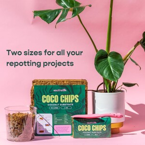 May include: Two sizes of coco chips coconut substrate for potting plants. The larger brick is 70 liters and the smaller brick is 5 liters. Both bricks are brown and have a green label with the text "southside. COCO CHIPS COCONUT SUBSTRATE" on them.