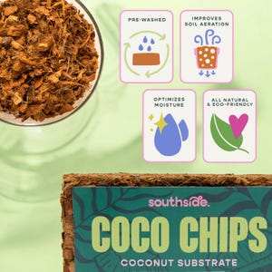 May include: A close-up of a bag of brown coconut chips, a natural and eco-friendly coconut substrate. The bag is labeled "southside. COCO CHIPS COCONUT SUBSTRATE".