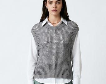 Camiseta de tirantes de algodón de punto abierto hecha a mano - Camiseta ligera de crochet con cuello redondo para mujer