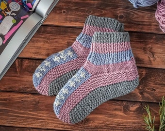 Homesteaders' Special: Handmade Wool Knit Slippers, Gray Pink x Blue, Unisex, Various Sizes, Woolen Home Socks with Cozy Comfort
