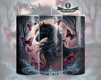 Unicorn with Butterflies Tumbler Wrap, 20oz Skinny Sublimation Design Goth Sublimation Design, Watercolor Butterfly Tumbler PNG Download