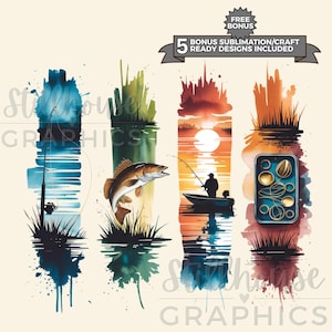 May include: Watercolor designs featuring fishing themes. Includes a fishing rod, a fish jumping out of the water, a fisherman in a boat at sunset, and a phone case design with fishing-related elements. The designs are in shades of blue, green, orange, and brown.