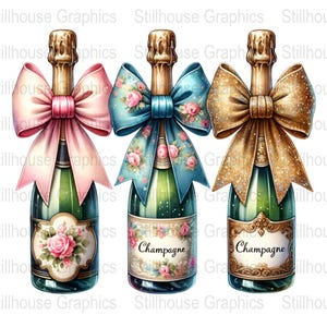 Watercolor Champagne Bottles with Coquette Bows | Social Club Watercolor Design | Preppy Design | Sublimation Design | Grandmillennial PNG