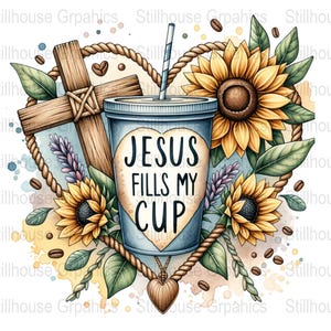 Op de afbeelding: Een aquarel-illustratie van een koffiekopje met de tekst "Jezus vult mijn kopje", omringd door zonnebloemen en een houten kruis. Het kopje is blauw met een wit hart en de tekst is zwart. De zonnebloemen zijn geel met bruine centra en groene bladeren. Het kruis is bruin met een touw eromheen gewikkeld.